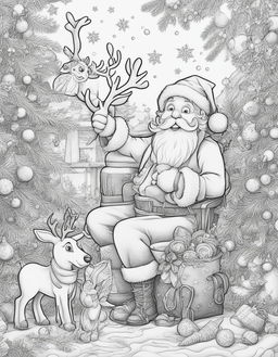 A black and white sketch for a child's colouring book featuring a jovial Santa Claus, a playful Christmas elf, and a friendly reindeer in a festive Christmas scene