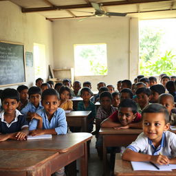 A poignant photograph depicting a rural school with limited resources, showcasing a classroom filled with students of various ages engaged in learning