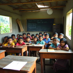 A poignant photograph depicting a rural school with limited resources, showcasing a classroom filled with students of various ages engaged in learning