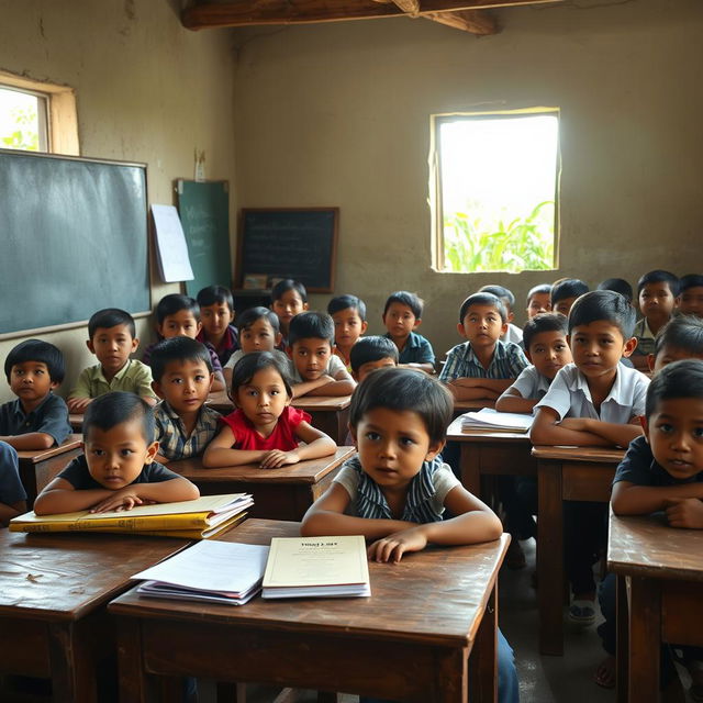 A poignant photograph depicting a rural school with limited resources, showcasing a classroom filled with students of various ages engaged in learning