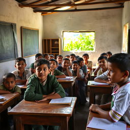 A poignant photograph depicting a rural school with limited resources, showcasing a classroom filled with students of various ages engaged in learning