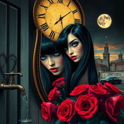 A beautiful and stunning girl with long, dangerous black hair and piercing blue eyes, situated in a psychedelic Salvador Dali-like world