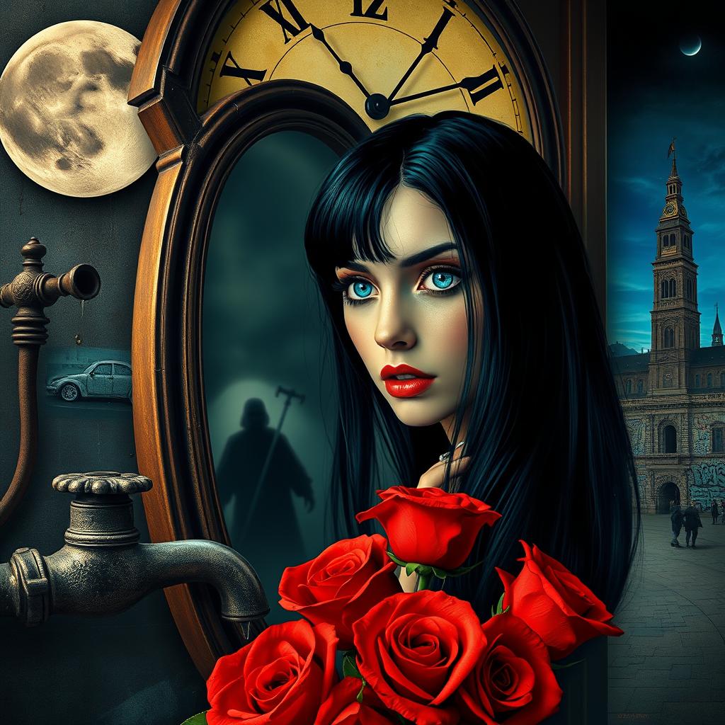 A beautiful and stunning girl with long, dangerous black hair and piercing blue eyes, situated in a psychedelic Salvador Dali-like world
