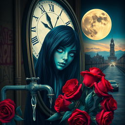 A beautiful and stunning girl with long, dangerous black hair and piercing blue eyes, situated in a psychedelic Salvador Dali-like world