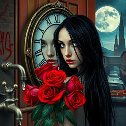 A beautiful and stunning girl with long, dangerous black hair and piercing blue eyes, situated in a psychedelic Salvador Dali-like world