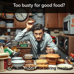 A stressed professional in a cluttered kitchen, looking anxiously at the clock while struggling with takeout containers and bland microwavable meals