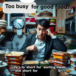 A stressed professional in a cluttered kitchen, looking anxiously at the clock while struggling with takeout containers and bland microwavable meals