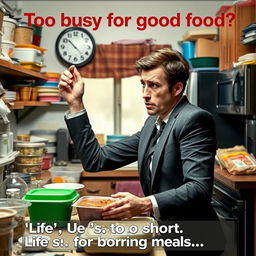 A stressed professional in a cluttered kitchen, looking anxiously at the clock while struggling with takeout containers and bland microwavable meals