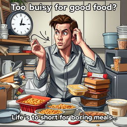 A stressed professional in a cluttered kitchen, looking anxiously at the clock while struggling with takeout containers and bland microwavable meals
