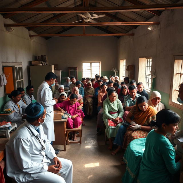 A powerful photograph depicting a small rural clinic bustling with activity, showcasing healthcare professionals in a humble setting without modern medical equipment