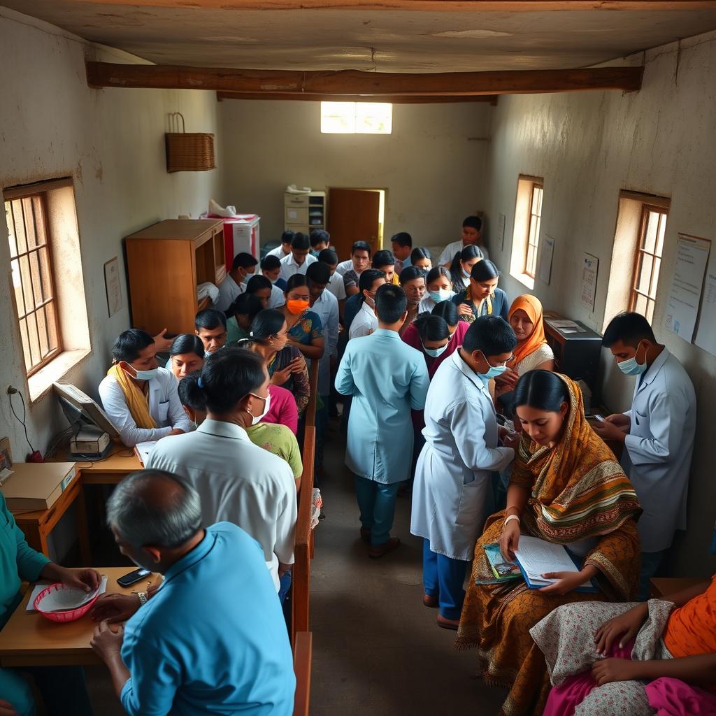 A powerful photograph depicting a small rural clinic bustling with activity, showcasing healthcare professionals in a humble setting without modern medical equipment