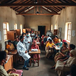 A powerful photograph depicting a small rural clinic bustling with activity, showcasing healthcare professionals in a humble setting without modern medical equipment