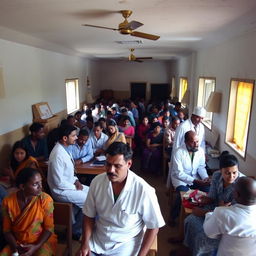 A powerful photograph depicting a small rural clinic bustling with activity, showcasing healthcare professionals in a humble setting without modern medical equipment