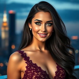 A stunning portrait of Sofiya Ansari, an elegant and confident woman with long, flowing dark hair cascading down her shoulders
