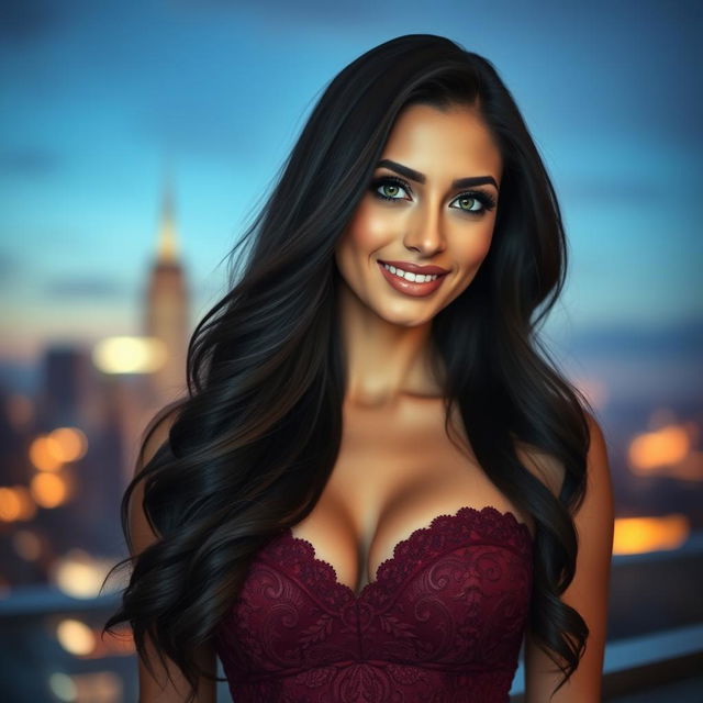 A stunning portrait of Sofiya Ansari, an elegant and confident woman with long, flowing dark hair cascading down her shoulders