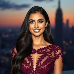 A stunning portrait of Sofiya Ansari, an elegant and confident woman with long, flowing dark hair cascading down her shoulders