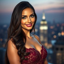 A stunning portrait of Sofiya Ansari, an elegant and confident woman with long, flowing dark hair cascading down her shoulders