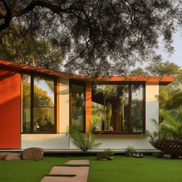 A mid-century modern architecture styled Indian home with vibrant colors, sleek lines, flat surfaces, large glass windows, and integration with nature.