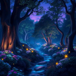 an ethereal, glowing forest at twilight, filled with luminescent flowers and softly glimmering light spots