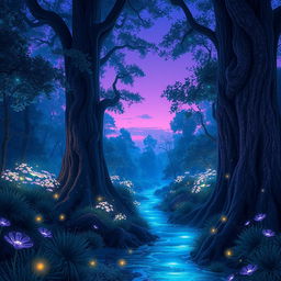 an ethereal, glowing forest at twilight, filled with luminescent flowers and softly glimmering light spots