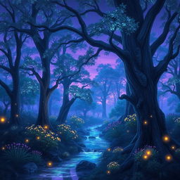 an ethereal, glowing forest at twilight, filled with luminescent flowers and softly glimmering light spots