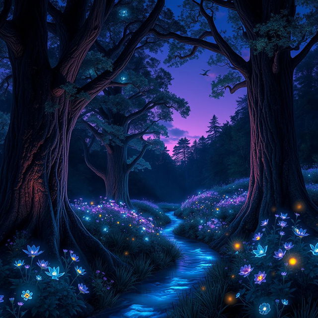 an ethereal, glowing forest at twilight, filled with luminescent flowers and softly glimmering light spots