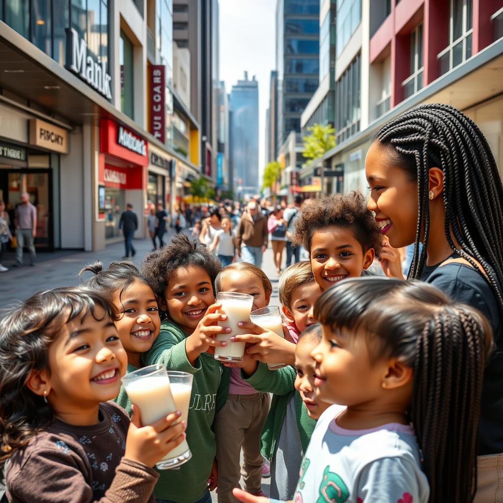 A vibrant photograph capturing a lively urban scene with contemporary shopping centers and sleek modern buildings