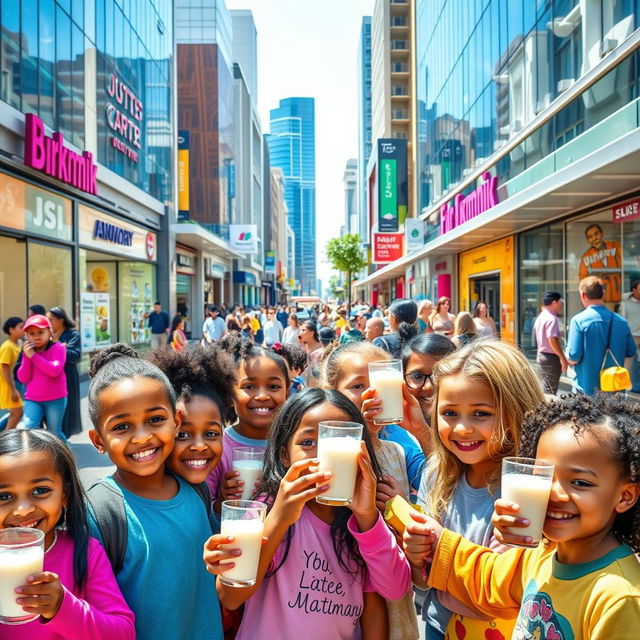 A vibrant photograph capturing a lively urban scene with contemporary shopping centers and sleek modern buildings