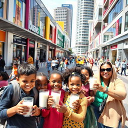 A vibrant photograph capturing a lively urban scene with contemporary shopping centers and sleek modern buildings
