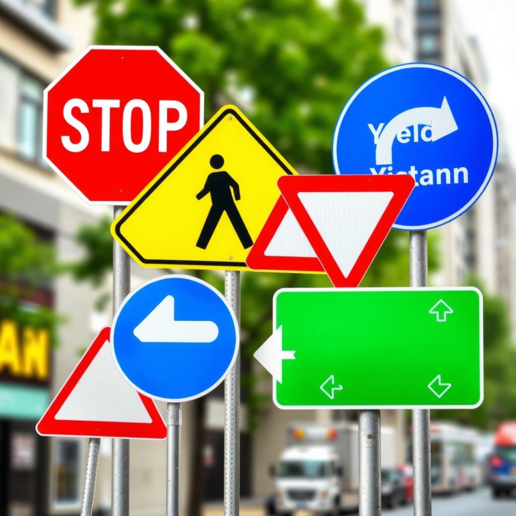 A beautifully composed collage of five distinct road signs, showcasing various types of traffic regulations and warnings