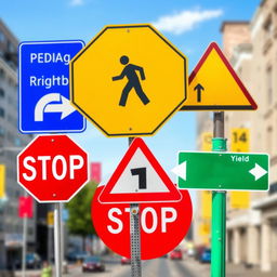 A beautifully composed collage of five distinct road signs, showcasing various types of traffic regulations and warnings