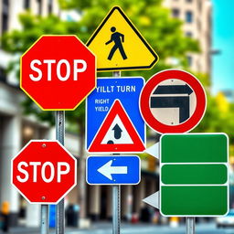 A beautifully composed collage of five distinct road signs, showcasing various types of traffic regulations and warnings