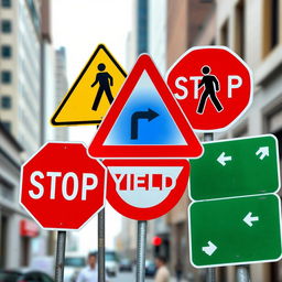 A beautifully composed collage of five distinct road signs, showcasing various types of traffic regulations and warnings