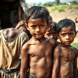 A poignant photograph depicting a group of children in a rural environment, showcasing visible signs of malnutrition