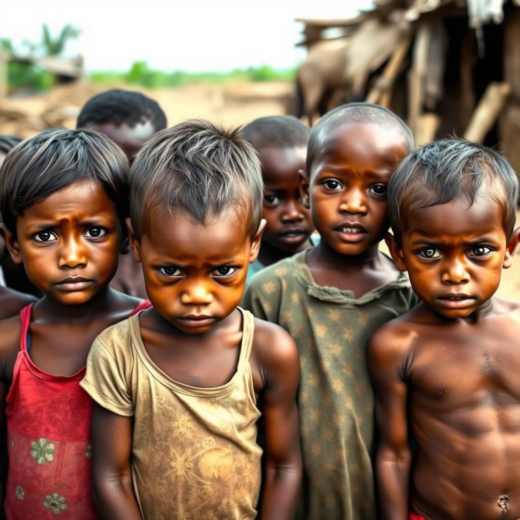 A poignant photograph depicting a group of children in a rural environment, showcasing visible signs of malnutrition