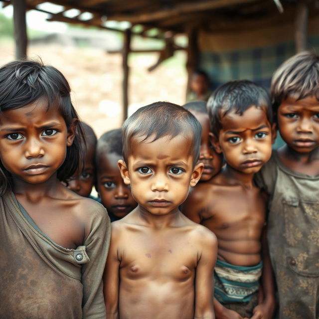 A poignant photograph depicting a group of children in a rural environment, showcasing visible signs of malnutrition