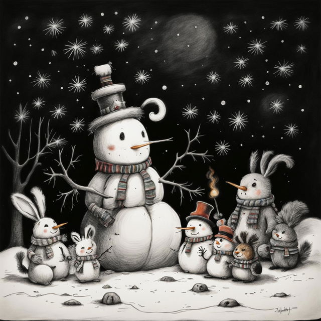 This is a detailed graphite pencil drawing of an adorable Christmas scene featuring a cheerful snowman, cute animals, a cozy cottage, and a starry night sky