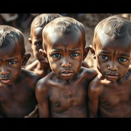 A poignant photograph depicting a group of children in a challenging environment, showcasing visible signs of malnutrition