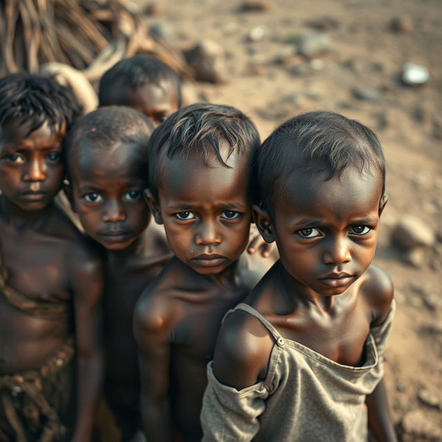 A poignant photograph depicting a group of children in a challenging environment, showcasing visible signs of malnutrition