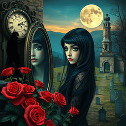A beautiful and stunning girl with long, dangerous black hair and captivating blue eyes, situated in a psychedelic Salvador Dali-inspired dreamlike world