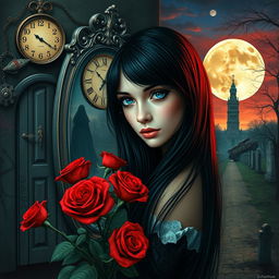 A beautiful and stunning girl with long, dangerous black hair and captivating blue eyes, situated in a psychedelic Salvador Dali-inspired dreamlike world