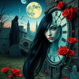 A beautiful and stunning girl with long, dangerous black hair and captivating blue eyes, situated in a psychedelic Salvador Dali-inspired dreamlike world