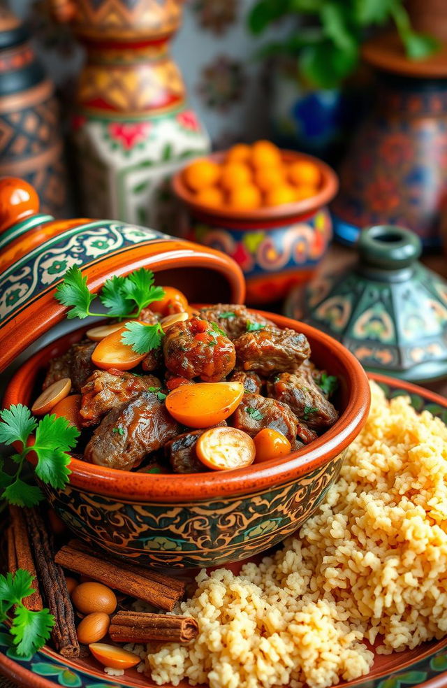Delicious Moroccan cuisine with a vibrant display of spices and colorful ingredients