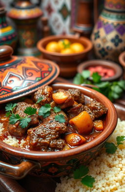 Delicious Moroccan cuisine with a vibrant display of spices and colorful ingredients
