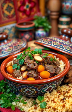 Delicious Moroccan cuisine with a vibrant display of spices and colorful ingredients