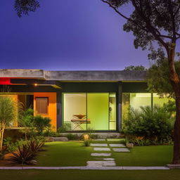 A mid-century modern architecture styled Indian home with vibrant colors, sleek lines, flat surfaces, large glass windows, and integration with nature.