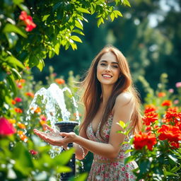 A serene scene of a beautiful woman enjoying her time in a lush garden, surrounded by vibrant flowers and greenery