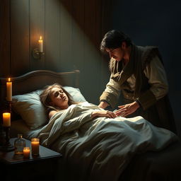 A poignant scene from Victor Hugo's 'Les Misérables', depicting Fantine on her deathbed, surrounded by soft candlelight that casts a warm glow over the room