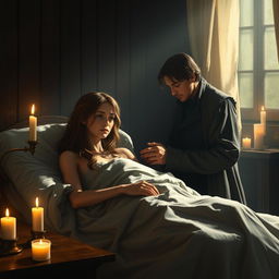A poignant scene from Victor Hugo's 'Les Misérables', depicting Fantine on her deathbed, surrounded by soft candlelight that casts a warm glow over the room