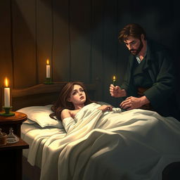 A poignant scene from Victor Hugo's 'Les Misérables', depicting Fantine on her deathbed, surrounded by soft candlelight that casts a warm glow over the room